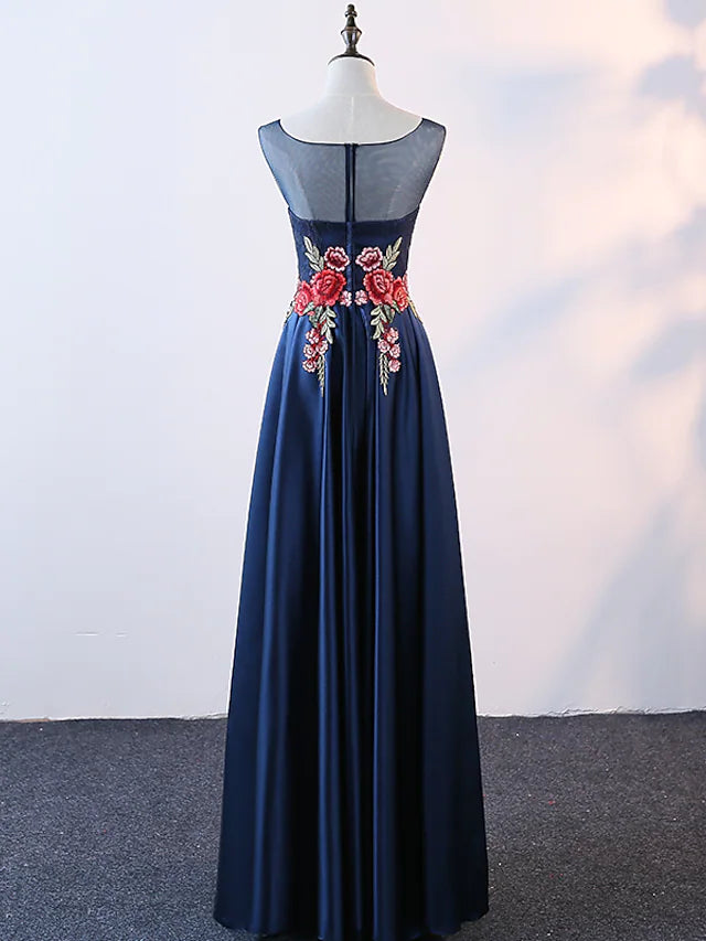 A-Line Evening Gown Elegant Dress Prom Floor Length Sleeveless Jewel Neck Satin with Embroidery Appliques