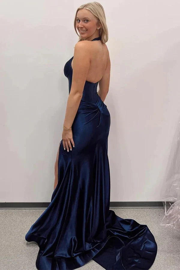 Halter Mermaid Long Prom Dress with Slit