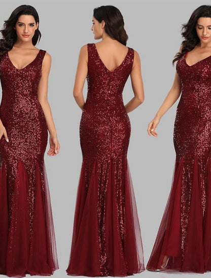 Sheath Mermaid Sleek Glitter Sparking Sequins Evening Dress Sleeveless Wedding Guest Gown  Floor Length  V Neck Prom Dress