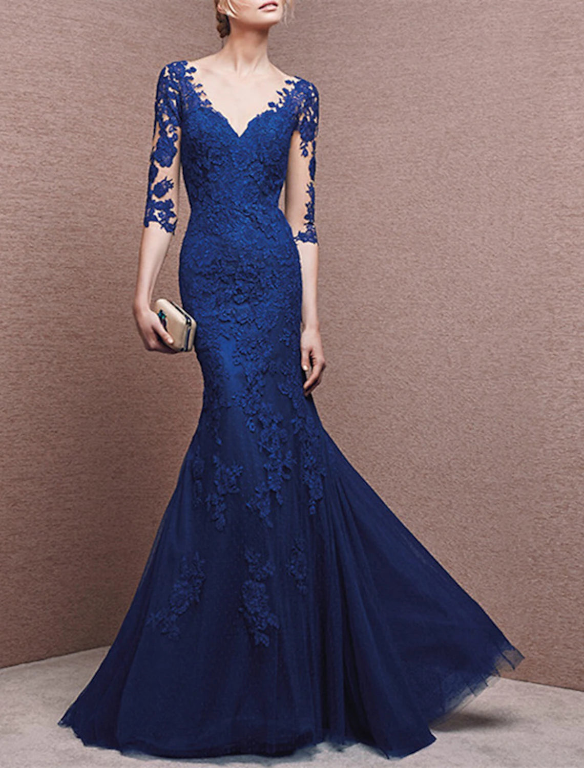 Sheath Mermaid Half Sleeve V Neck Evening Gown Floor Length Prom Dress with Buttons Appliques