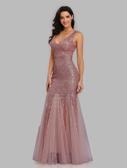 Sheath Mermaid Sleek Glitter Sparking Sequins Evening Dress Sleeveless Wedding Guest Gown  Floor Length  V Neck Prom Dress