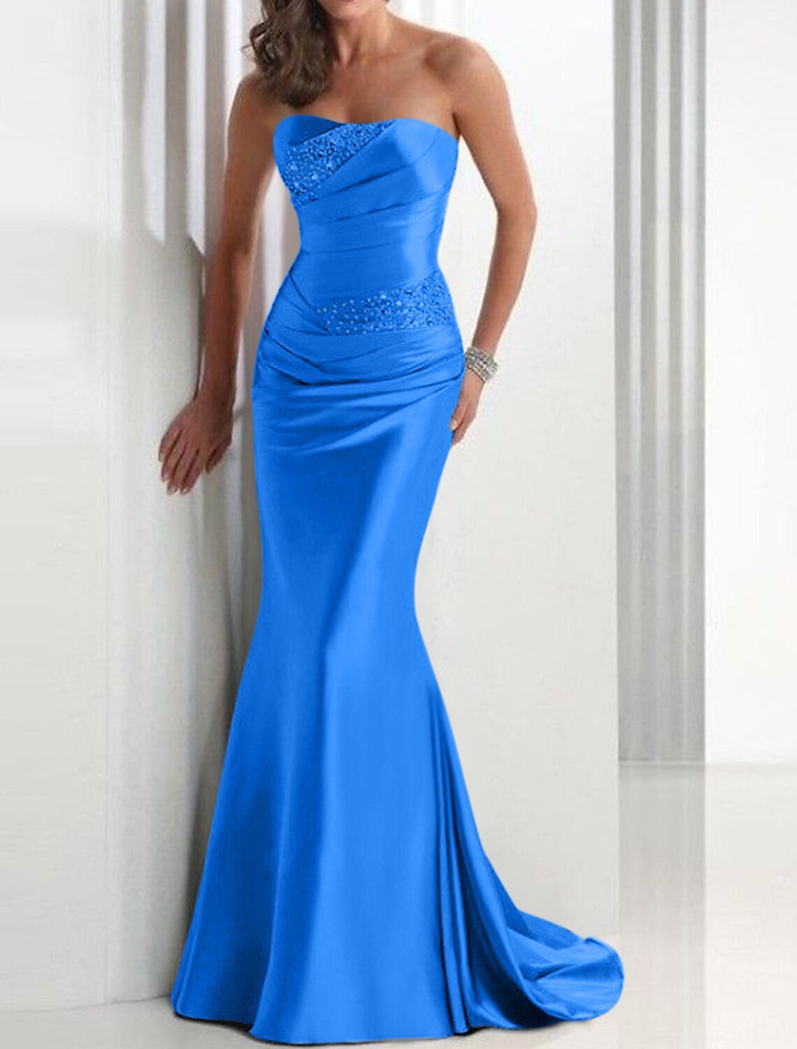 Sheath Mermaid Formal Evening Dress Strapless Wedding Guest Sleeveless Brush Train Satin Prom Dress with Crystals