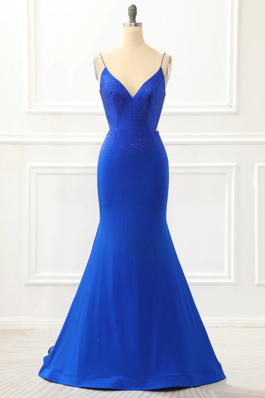Mermaid Royal Blue V-Neck Spaghetti Strap Satin Glitter Lace-Up Back Prom Dress with Beading