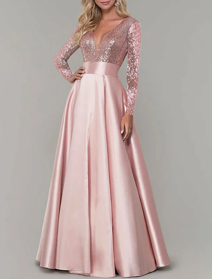 Evening Gown Glitter Sparking Dress Floor Length Long Sleeve V Neck Satin with Pleats Sequins