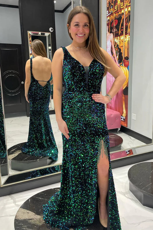 Sequin Plunge V Backless Mermaid Long Prom Dress with Tassel