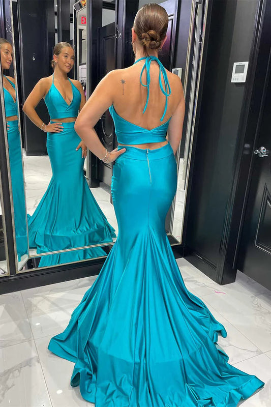 Two-Piece  Halter Trumpet Long Prom Dress