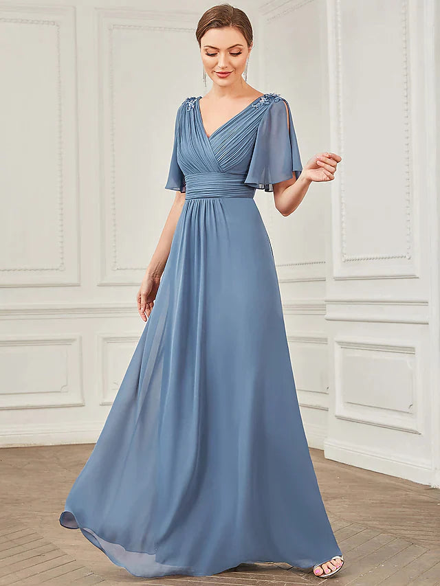 A-Line Prom Dresses  Wedding Guest Floor Length Short Sleeve V Neck Chiffon with Ruched Appliques