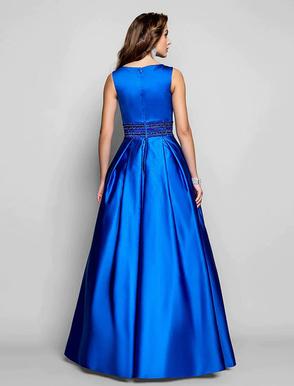 A-Line Elegant Dress Wedding Guest Floor Length Sleeveless Boat Neck Pocket Satin with Pleats Beading