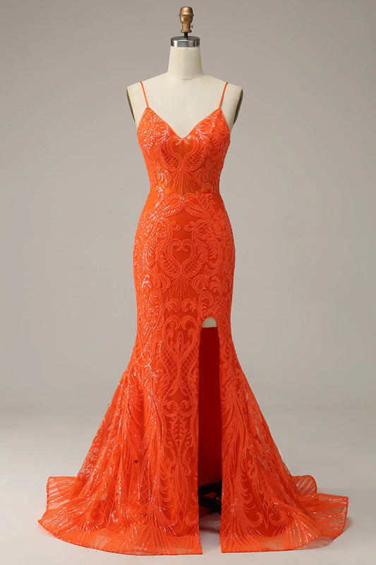 Mermaid V-Neck Spaghetti Straps Orange Slim-fit Long Prom Dress with Slit Front