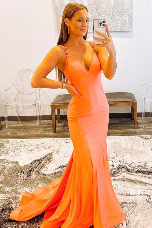 Orange V-Neck Spaghetti Straps Lace-Up Back Blackless Mermaid Prom Dress