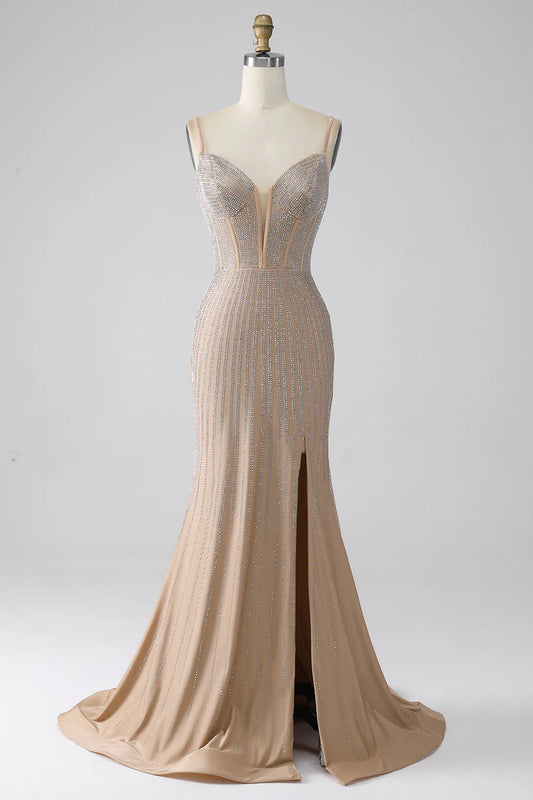 Champagne Plunge V Mermaid Beaded Spaghetti Straps Floor-Length Long Prom Dress ﻿