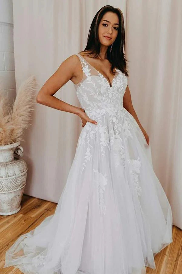 A-line V Neck Tulle Lace Appliques Romantic Wedding Dress Bridal Gown