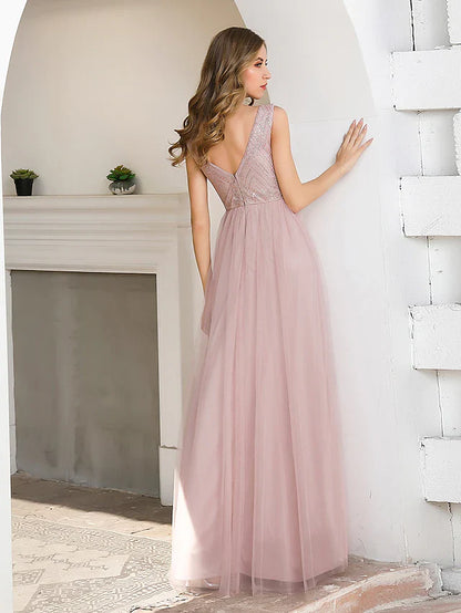 A-Line Evening Gown Elegant Dress Wedding Guest Floor Length Sleeveless V Neck Satin V Back with Sash / Ribbon Sequin