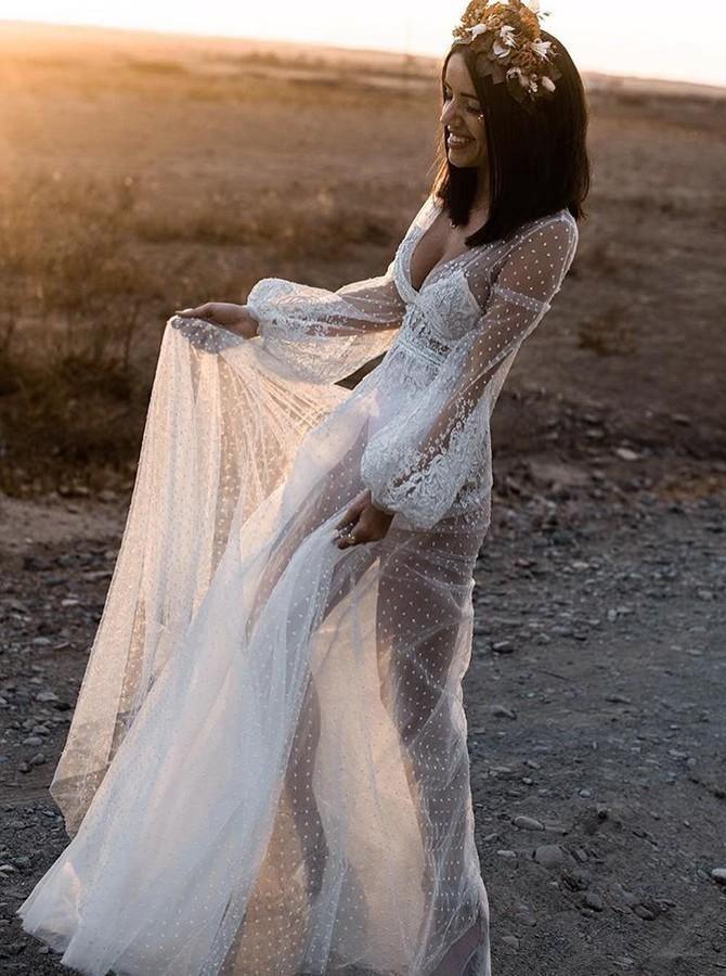 A-Line V-Neck Long Sleeves Beach Wedding Dress with Appliques