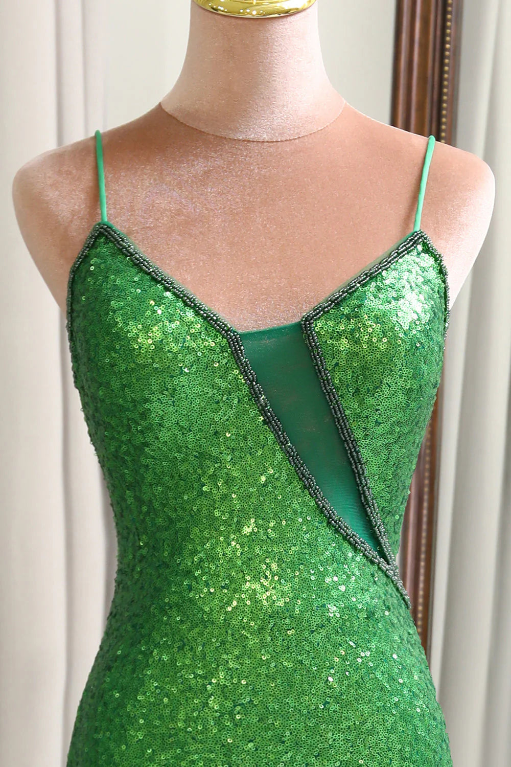 Sparkly V-Neck Mermaid Green Sequins Lace-Up Back Long Prom Dress with Split Front