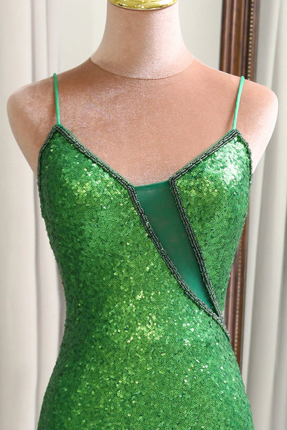 Sparkly V-Neck Mermaid Green Sequins Lace-Up Back Long Prom Dress with Split Front
