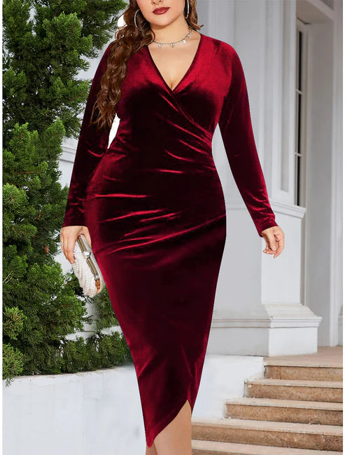 Plus Size Red Party Dress Velvet Dress Cocktail Dress Midi Dress Black Wine Dark Green Long Sleeve Pure Color Ruched Spring Fall Winter V Neck Winter Dress Wedding Guest
