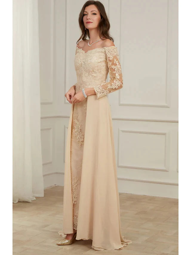 A-Line Evening Gown Elegant Dress Wedding Guest Floor Length Long Sleeve Off Shoulder Polyester with Overskirt Appliques