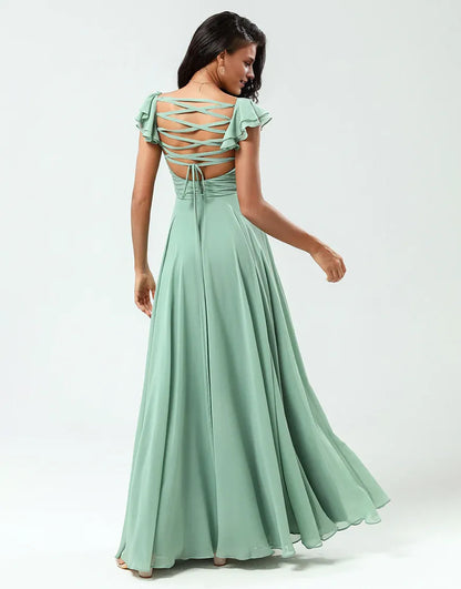 Lace-Up Back A Line V-Neck Chiffon Green Bridesmaid Dress with Ruffles