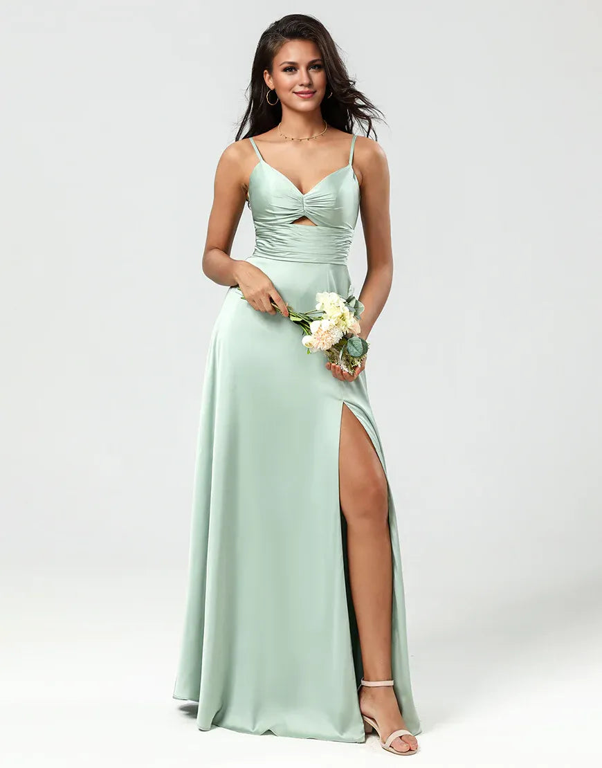 Spaghetti Straps Keyhole V-Neck A Line Green Bridesmaid Dress with Slit