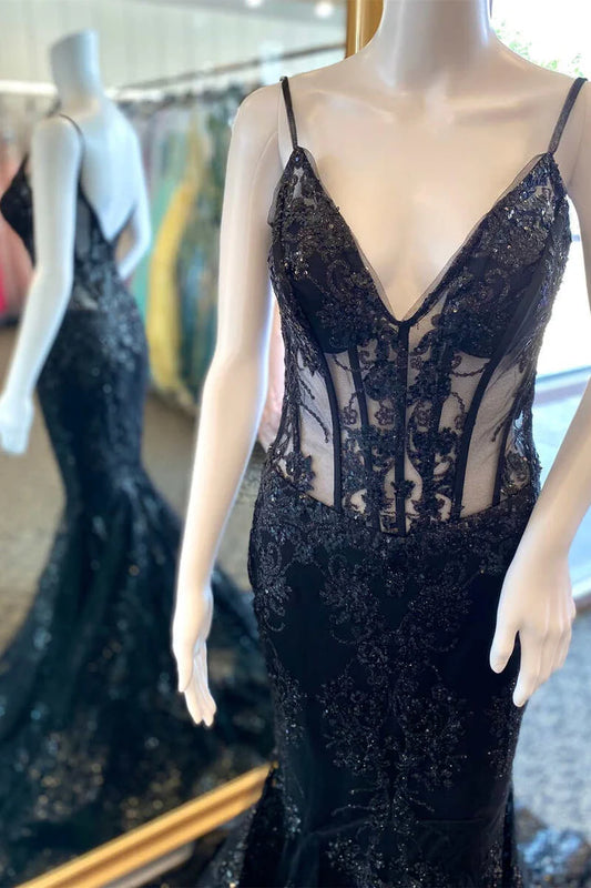 Lace V-Neck Backless Mermaid Long Formal Dress
