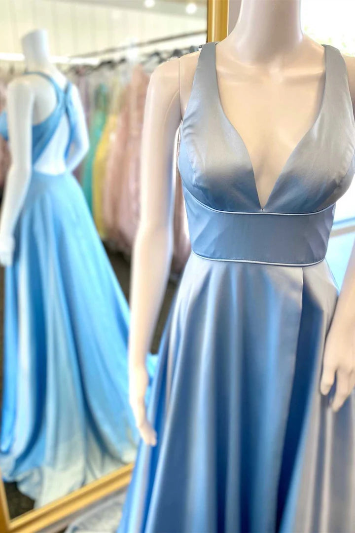 Plunge V High-Waist A-Line Long Formal Dress