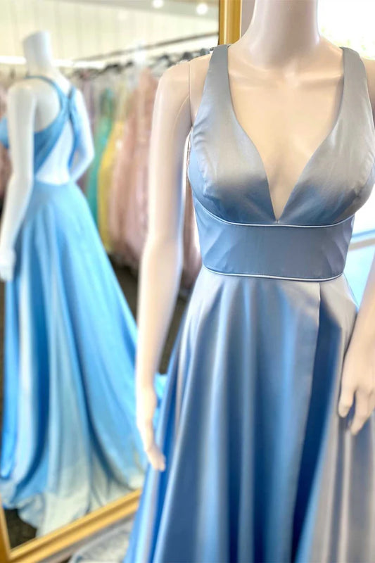 Plunge V High-Waist A-Line Long Formal Dress
