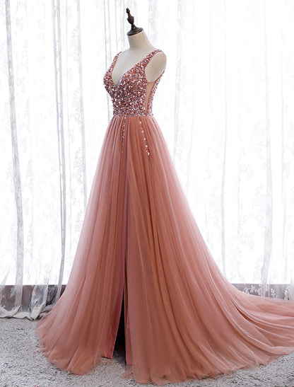 A-Line Prom Dresses Elegant Dress Party Wear Court Train Sleeveless V Neck Polyester with Pearls Embroidery