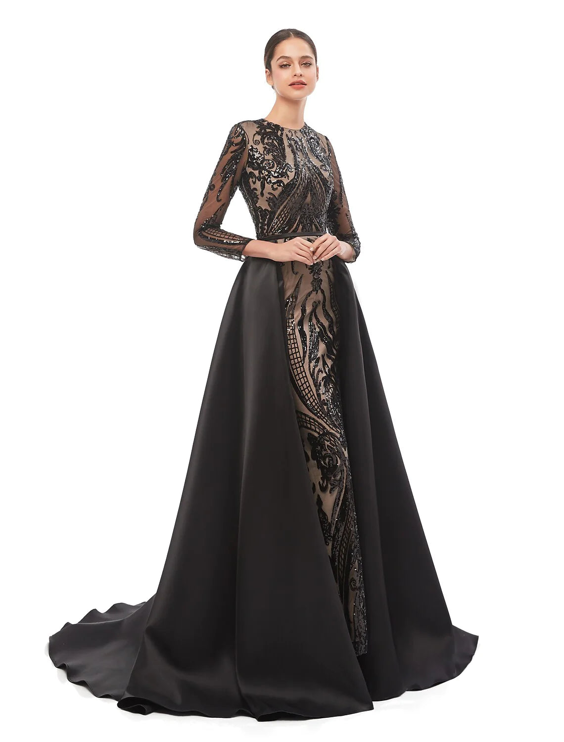 Mermaid / Trumpet Luxurious Elegant Prom Formal Evening Dress Jewel Neck Long Sleeve Detachable Sequined with Sequin