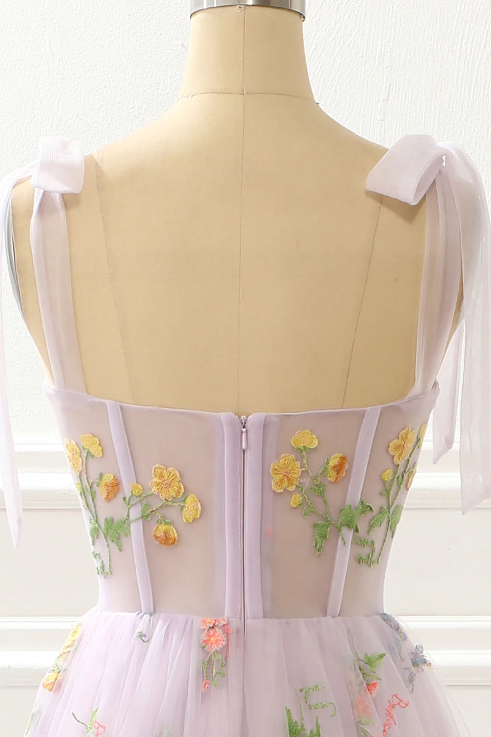 A-Line Lavender Princess Square Neck Bow Strap Prom Dress With Embroidery