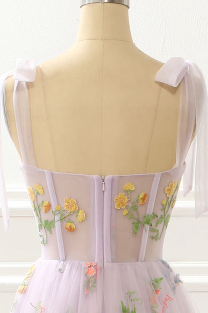 A-Line Lavender Princess Square Neck Bow Strap Prom Dress With Embroidery