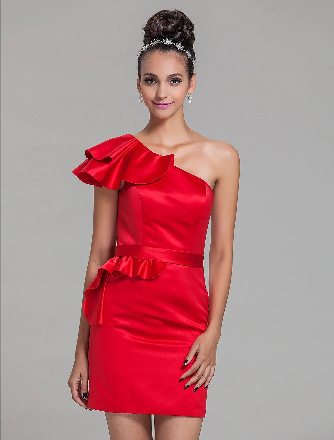 Sheath / Column One Shoulder Short / Mini Satin Bridesmaid Dress with Sash / Ribbon / Ruffles