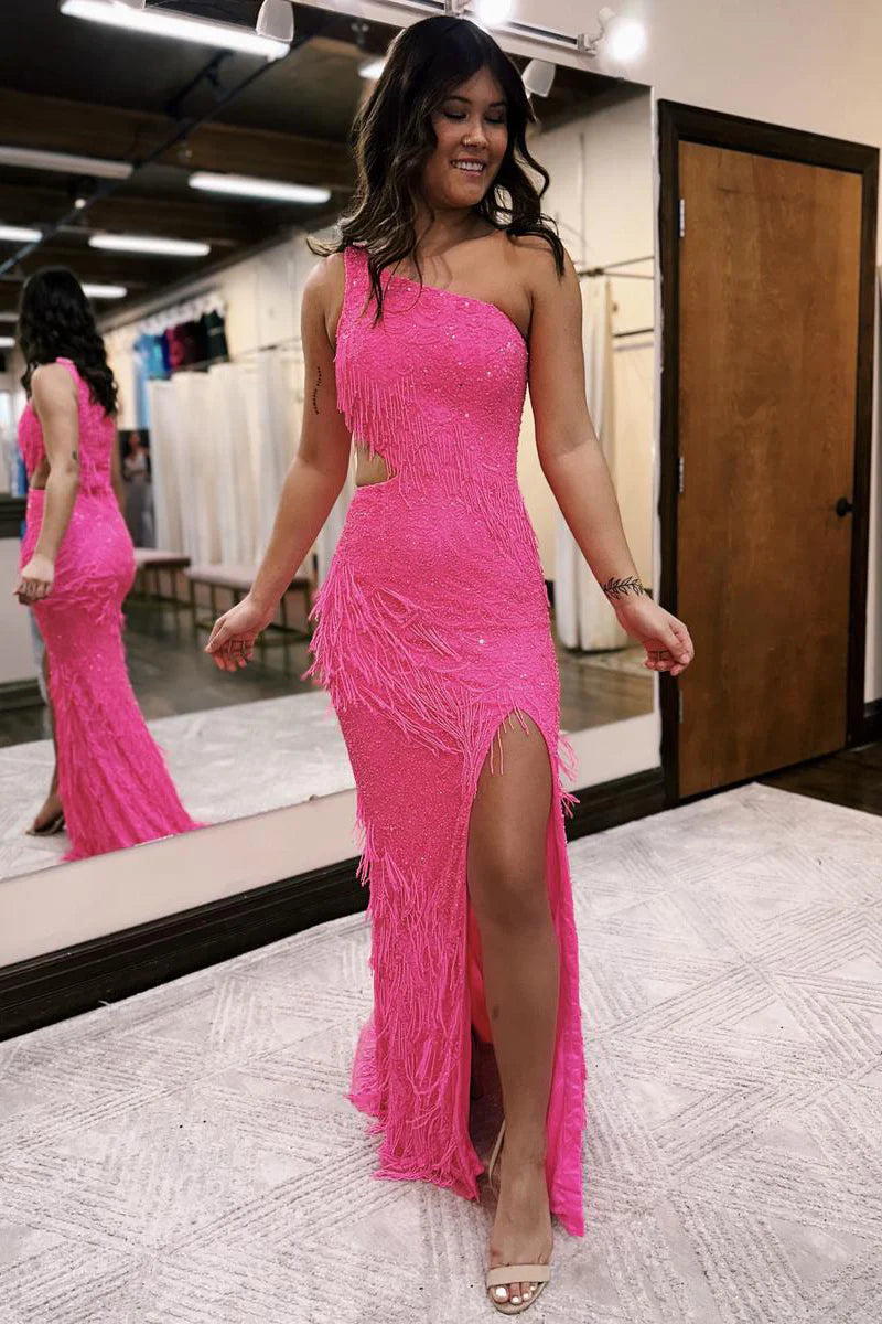 Mermaid One Shoulder Sleeveless Black Sequins Long Prom Dress with Slit