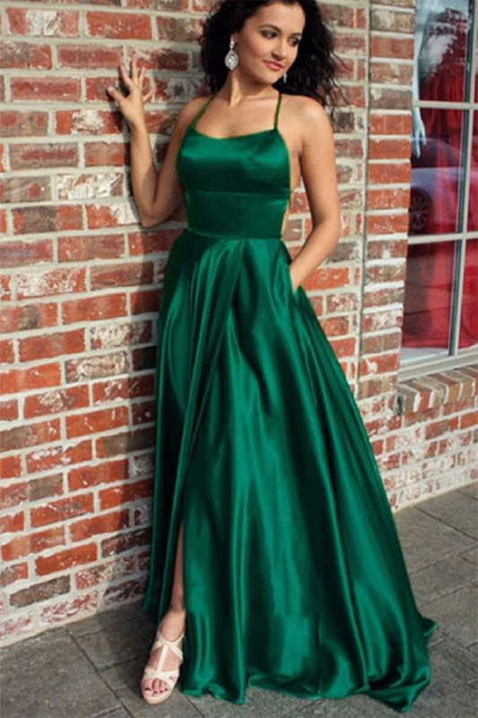 Green Square Neck Halter Lace-Up Back Backless A Line Satin Prom Dress