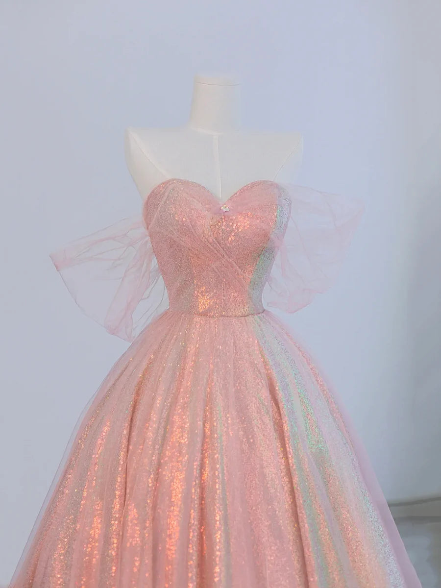 A-Line Pink Tulle and Sparkling Sequins Floor Length Prom Dress Evening Party Dress