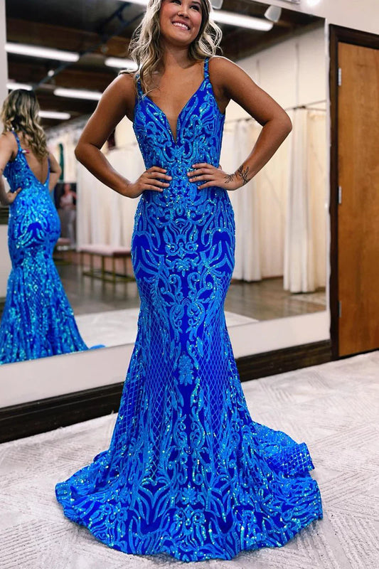 Charming Mermaid V Neck Spaghetti Strap Blue Sequins Backless Long Prom Dress with Slit