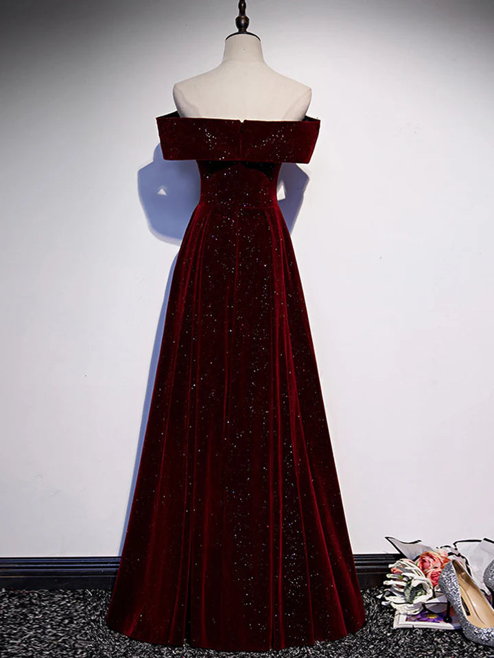 Autumn Winter Wedding Guests Dress A-Line Off Shoulder Velvet Long Length Formal Evening Dress