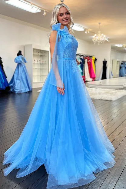 Cute A Line One Shoulder Blue Tulle Split Fork Prom Dress with Appliques