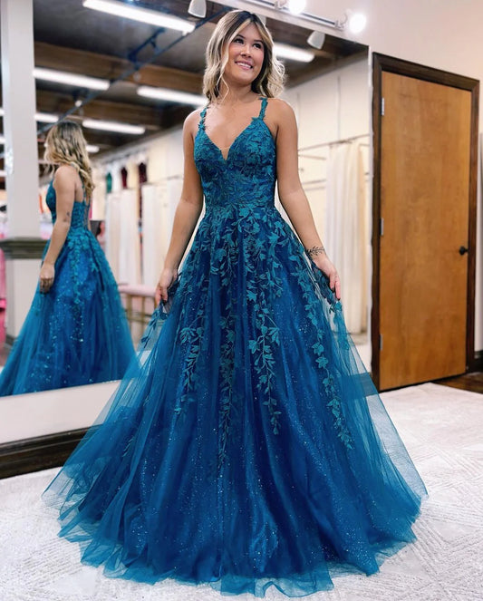 Cute A Line V Neck Spaghetti Strap Vivid Blue Lace-Up Back Tulle Long Prom Dresses with Appliques