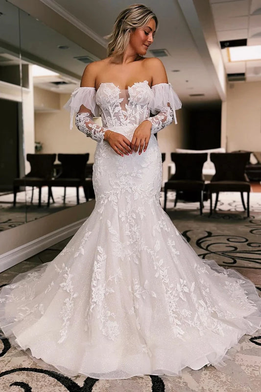 White Floral Lace Sweetheart Off-the-Shoulder Trumpet Wedding Dress with Detachable Sleeves ﻿