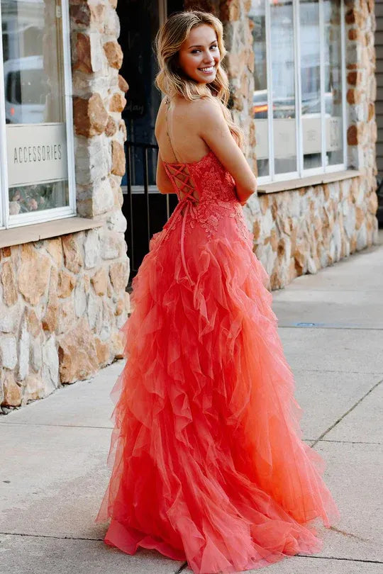 Cute A-Line Strapless Off-the-Shoulder Coral Ruffle Tulle Long Prom Dress with Appliques