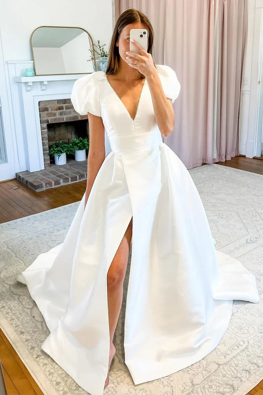 A-Line V Neck Puff Sleeves Satin Wedding Dresses with Slit