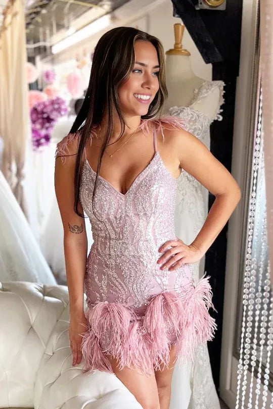 Cute Bodycon V Neck Pink Sparkly Lace-Up Back Short Homecoming Dresses with Beading