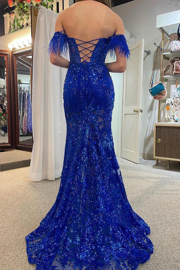 Charming Sparkly Mermaid Sweetheart Royal Blue Sequins Long Prom Dresses with Feather