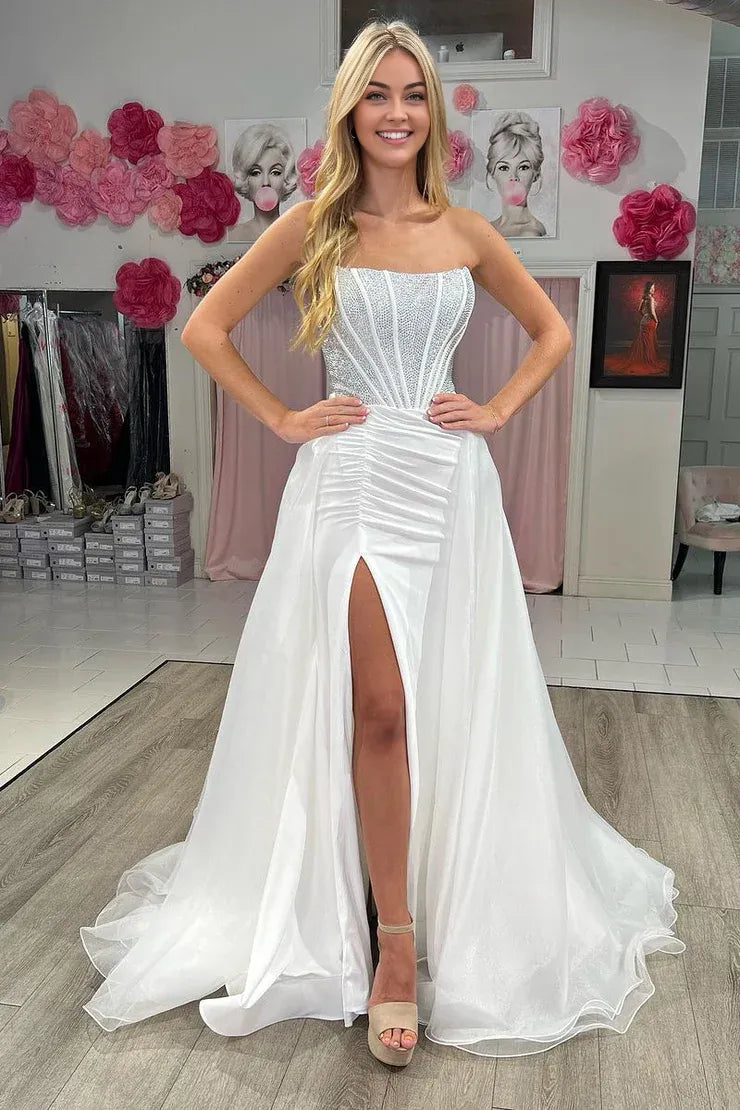 Charming Mermaid Sweetheart Off-the-Shoulder White Satin Long Prom Dresses with Beading