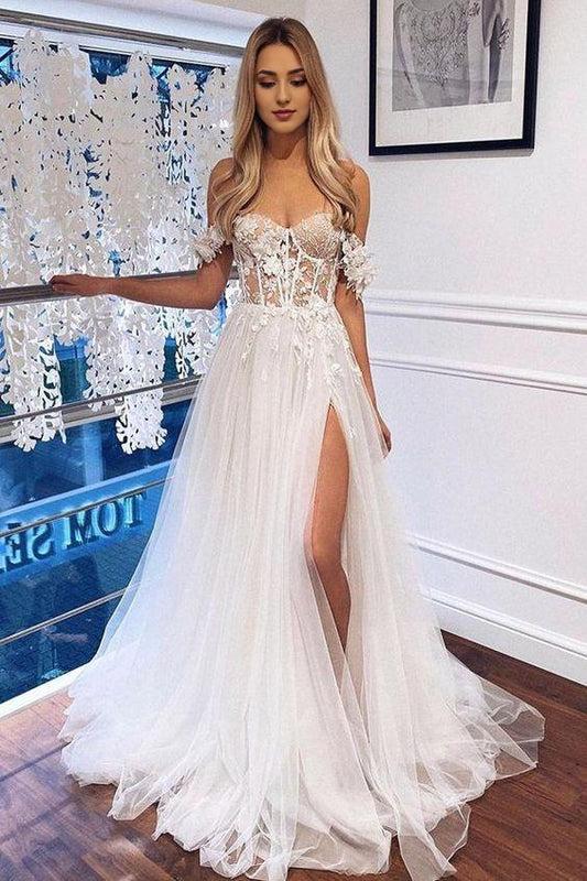 Gorgeous A Line Off the Shoulder V-Neck Tulle Lace Wedding Dresses