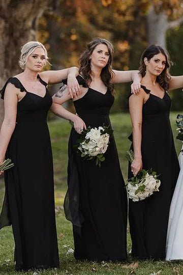 Flutter Straps V Neck Chiffon Long Bridesmaid Dress