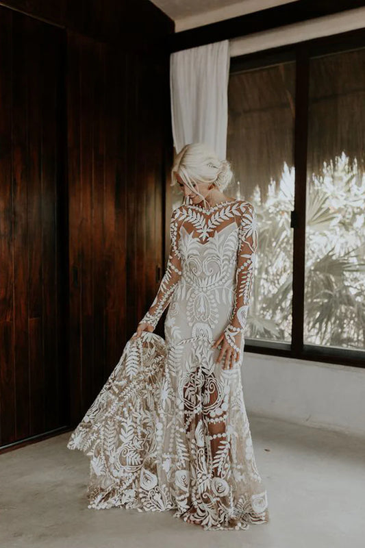 Bohemian Mermaid Scoop Neck Long Sleeves Backless Lace Mopping The Floor Beach Wedding Dress