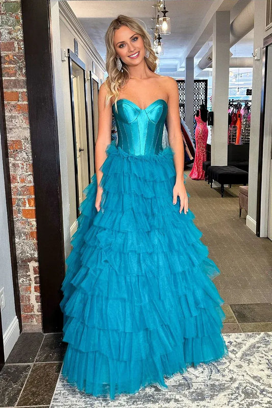 Princess Sweetheart Blue Off-the-Shoulder Tiered Split Fork Tulle Long Prom Dresses