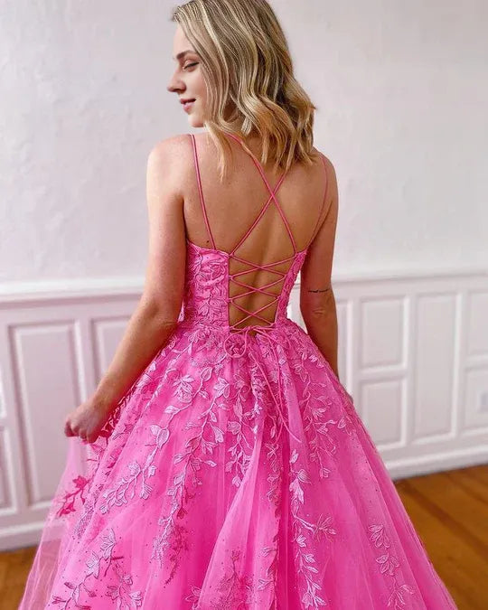 Sweet Ball Gown Scoop Neck Spaghetti Strap Hot Pink Tulle Prom Dresses with Appliques